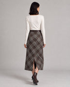 Plaid Split-Hem Midi Skirt — Brown Gray Plaid, model back view