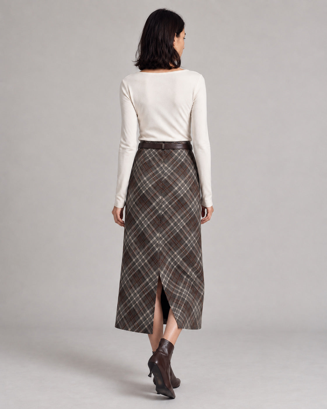 Plaid Split-Hem Midi Skirt — Brown Gray Plaid, model back view