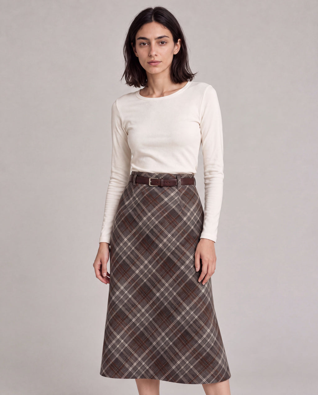 Plaid Split-Hem Midi Skirt — Brown Gray Plaid, model close view