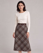 Plaid Split-Hem Midi Skirt — Brown Gray Plaid, model close view