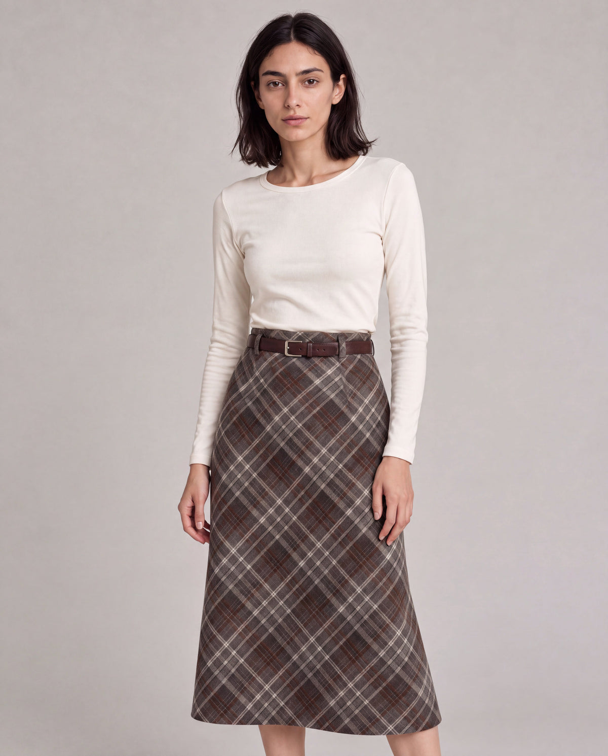 Plaid Split-Hem Midi Skirt — Brown Gray Plaid, model close view