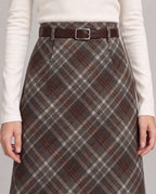 Plaid Split-Hem Midi Skirt — Brown Gray Plaid, model detail