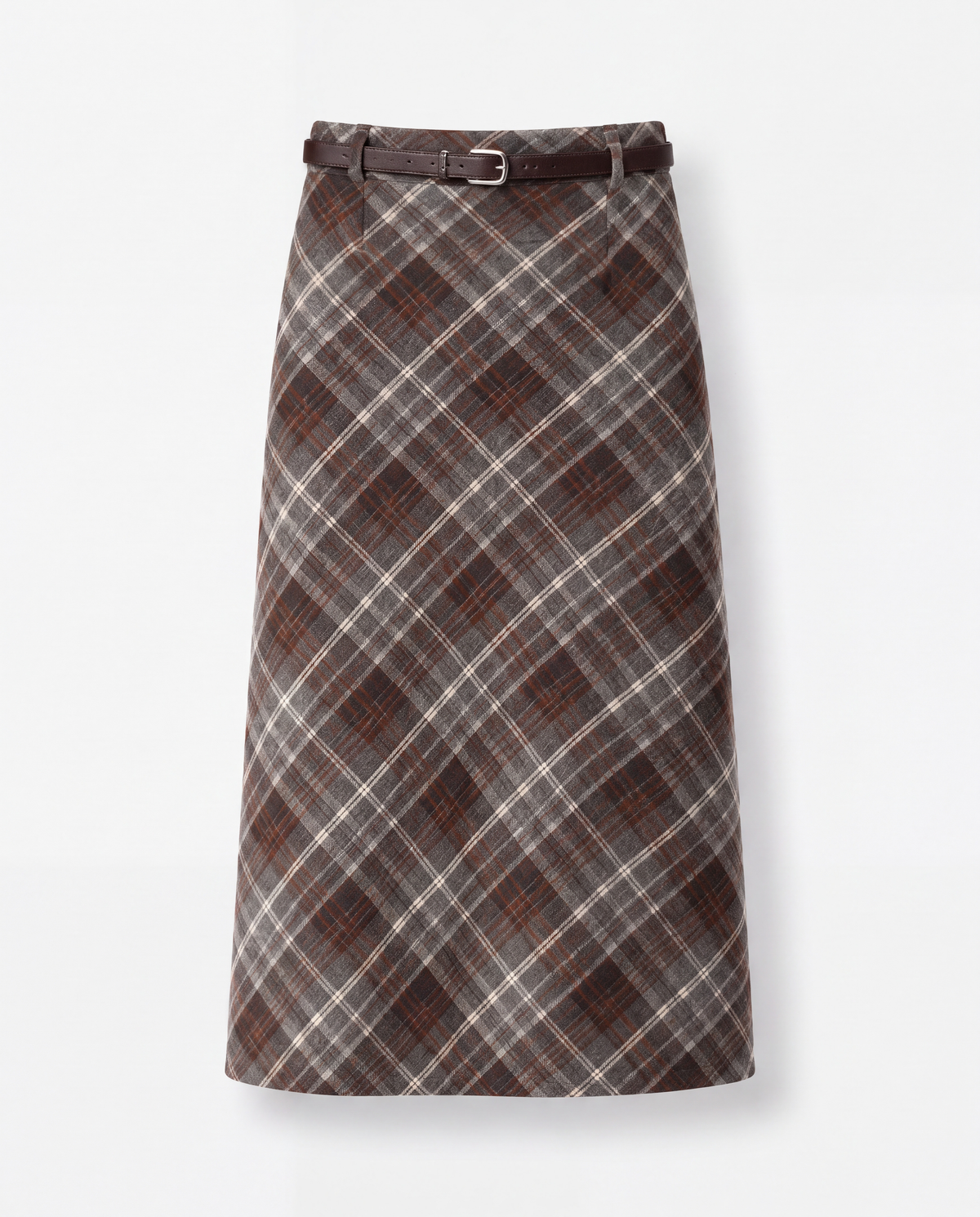 Plaid Split-Hem Midi Skirt — Brown Gray Plaid, product front