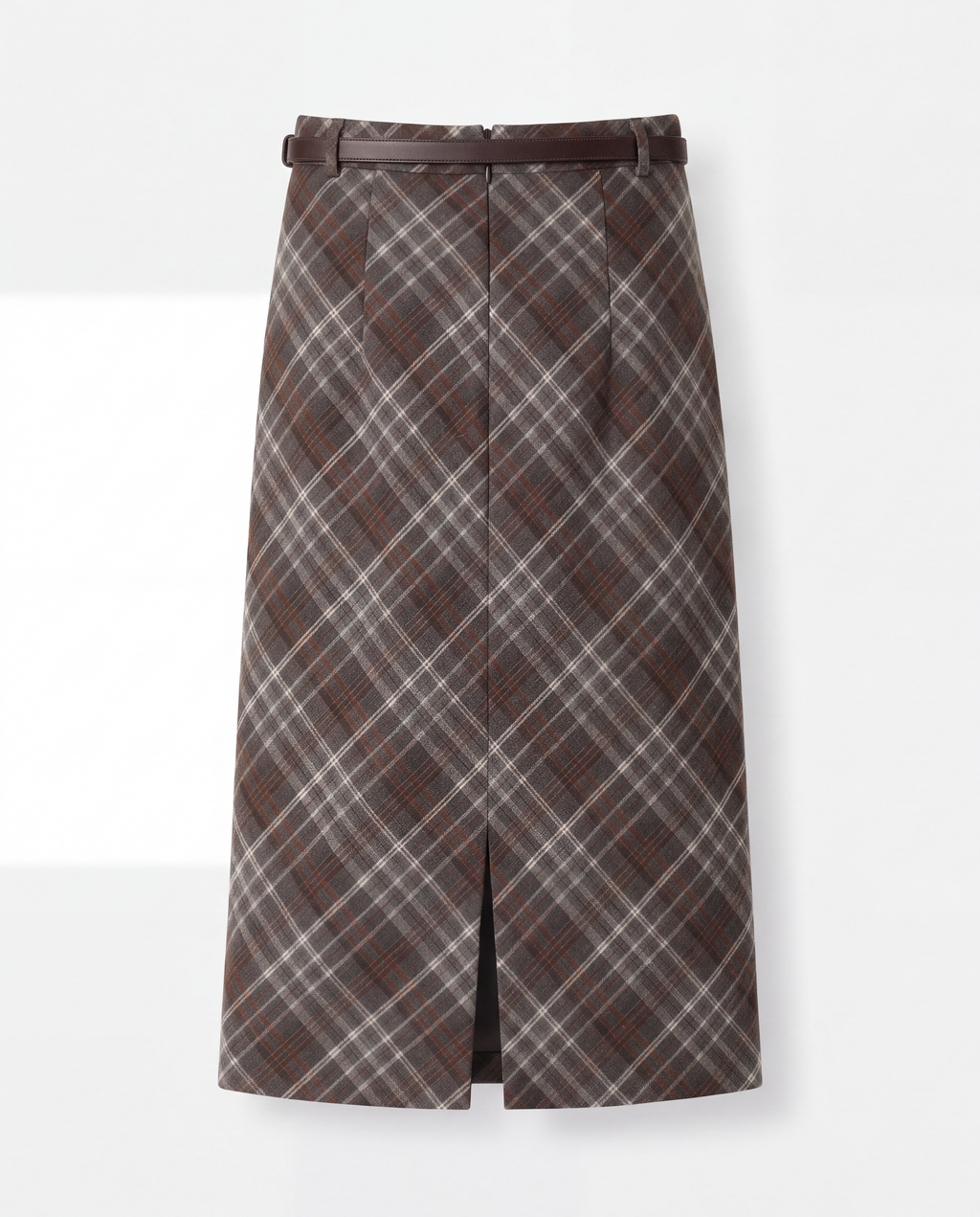 Plaid Split-Hem Midi Skirt — Brown Gray Plaid, product back