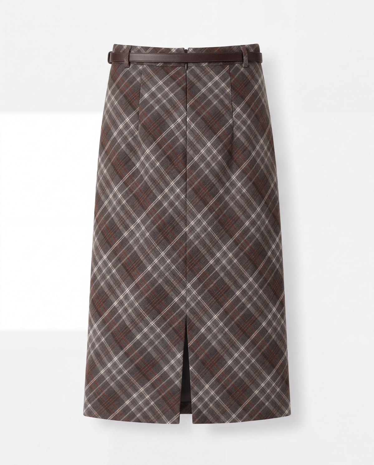 Plaid Split-Hem Midi Skirt — Brown Gray Plaid, product back