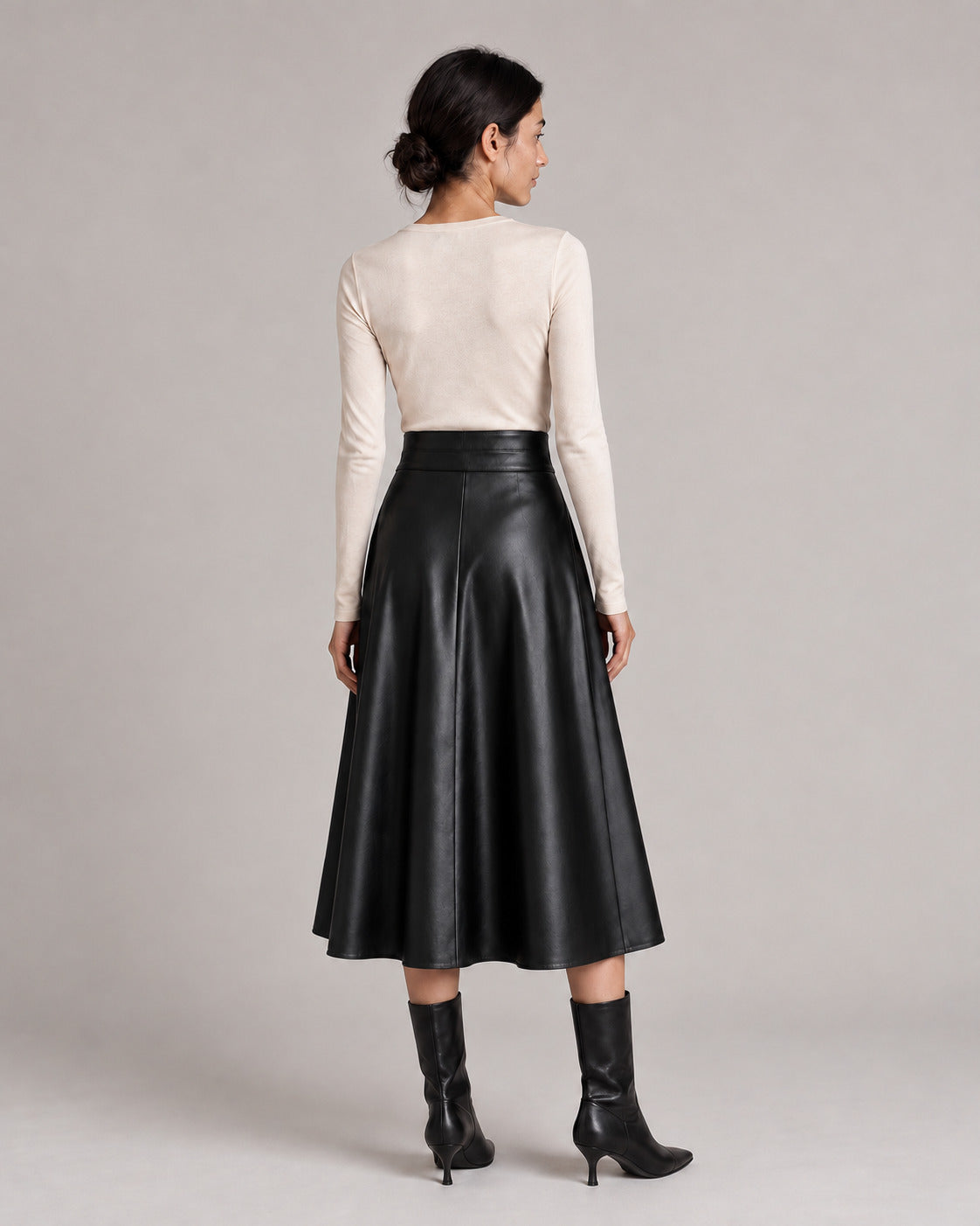 PU A-Line Midi Skirt — Black, model back view