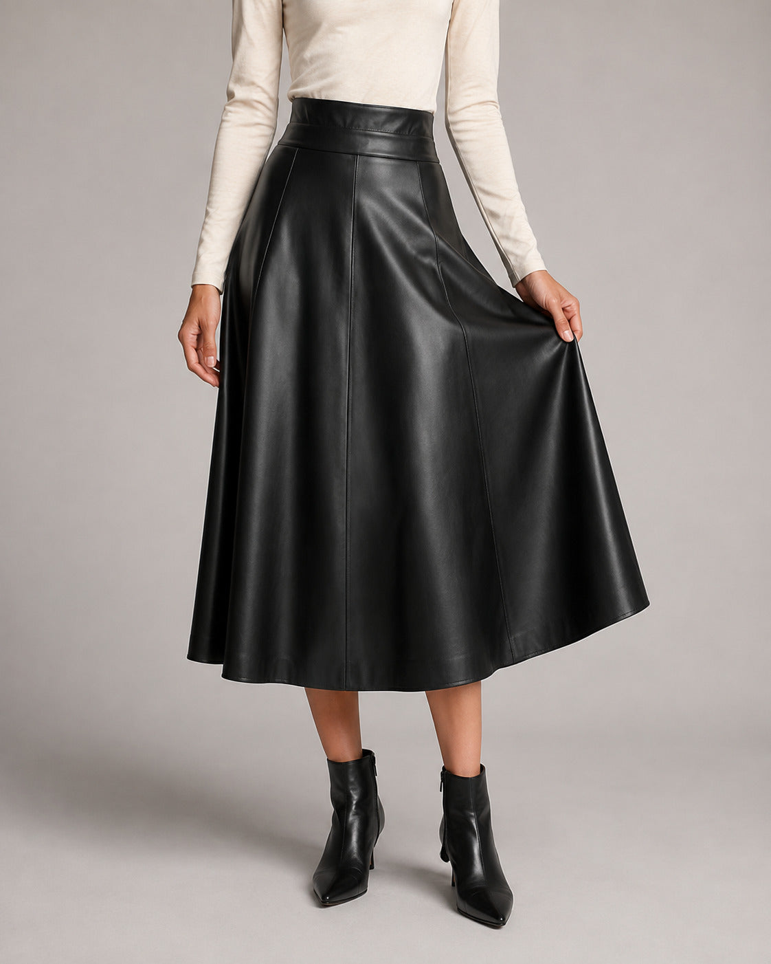 PU A-Line Midi Skirt — Black, model close view