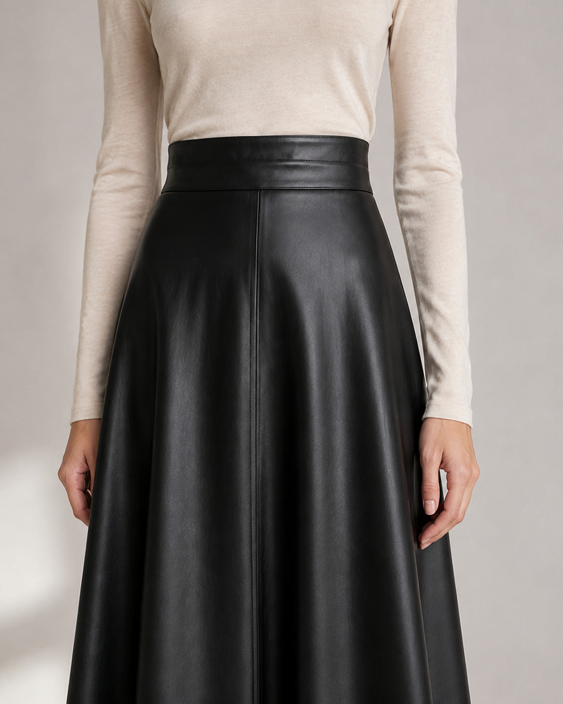 PU A-Line Midi Skirt — Black, model detail