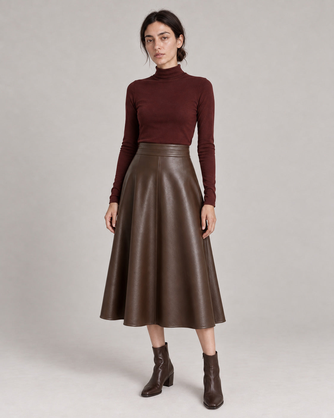 PU A-Line Midi Skirt — Brown, model main view