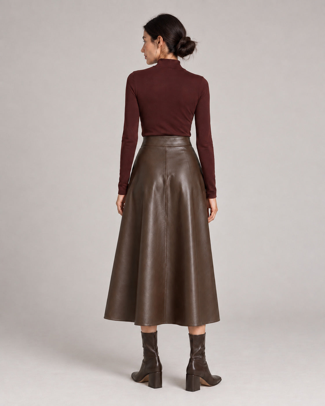 PU A-Line Midi Skirt — Brown, model back view