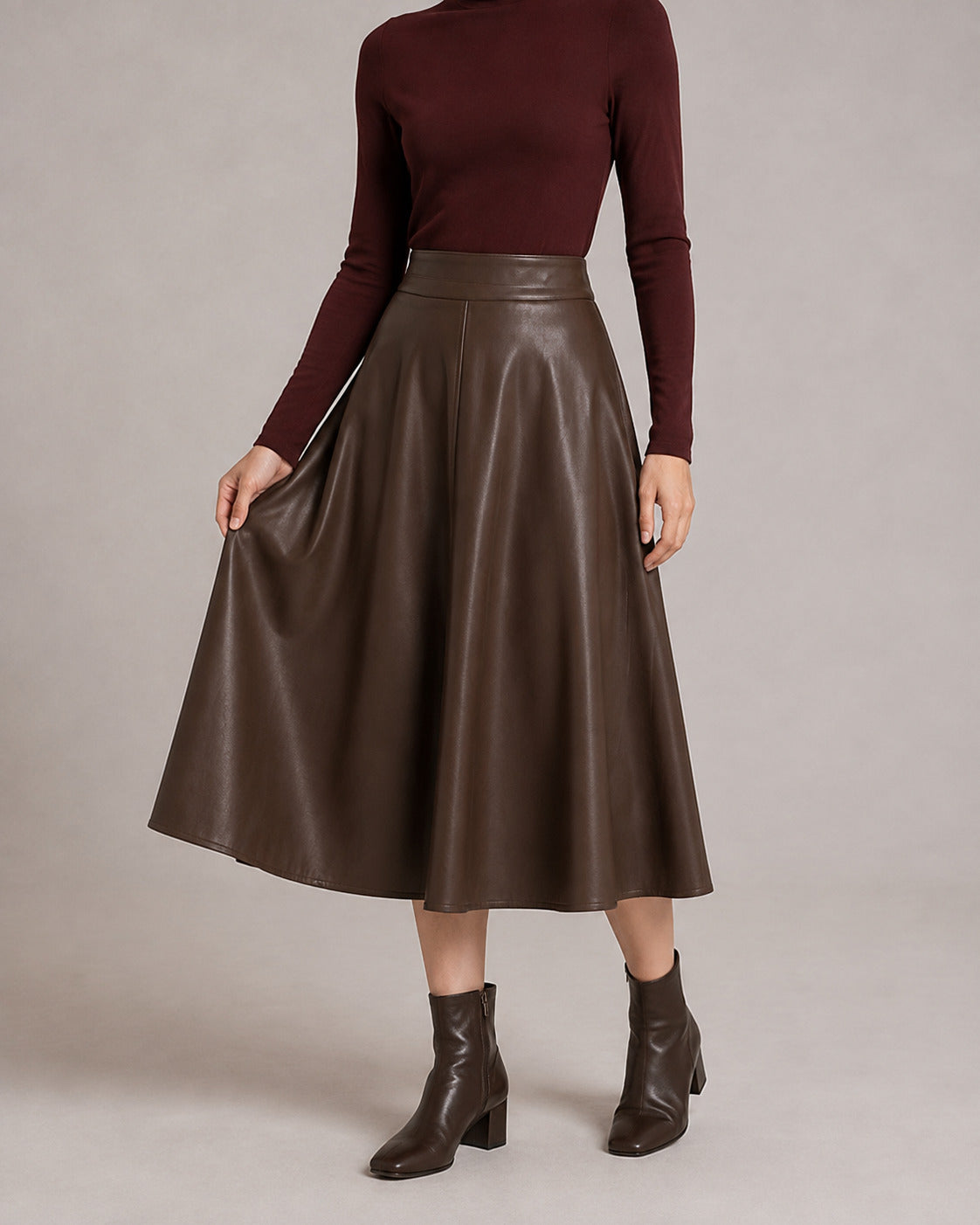 PU A-Line Midi Skirt — Brown, model close view