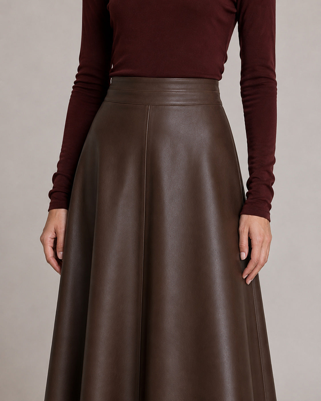 PU A-Line Midi Skirt — Brown, model detail