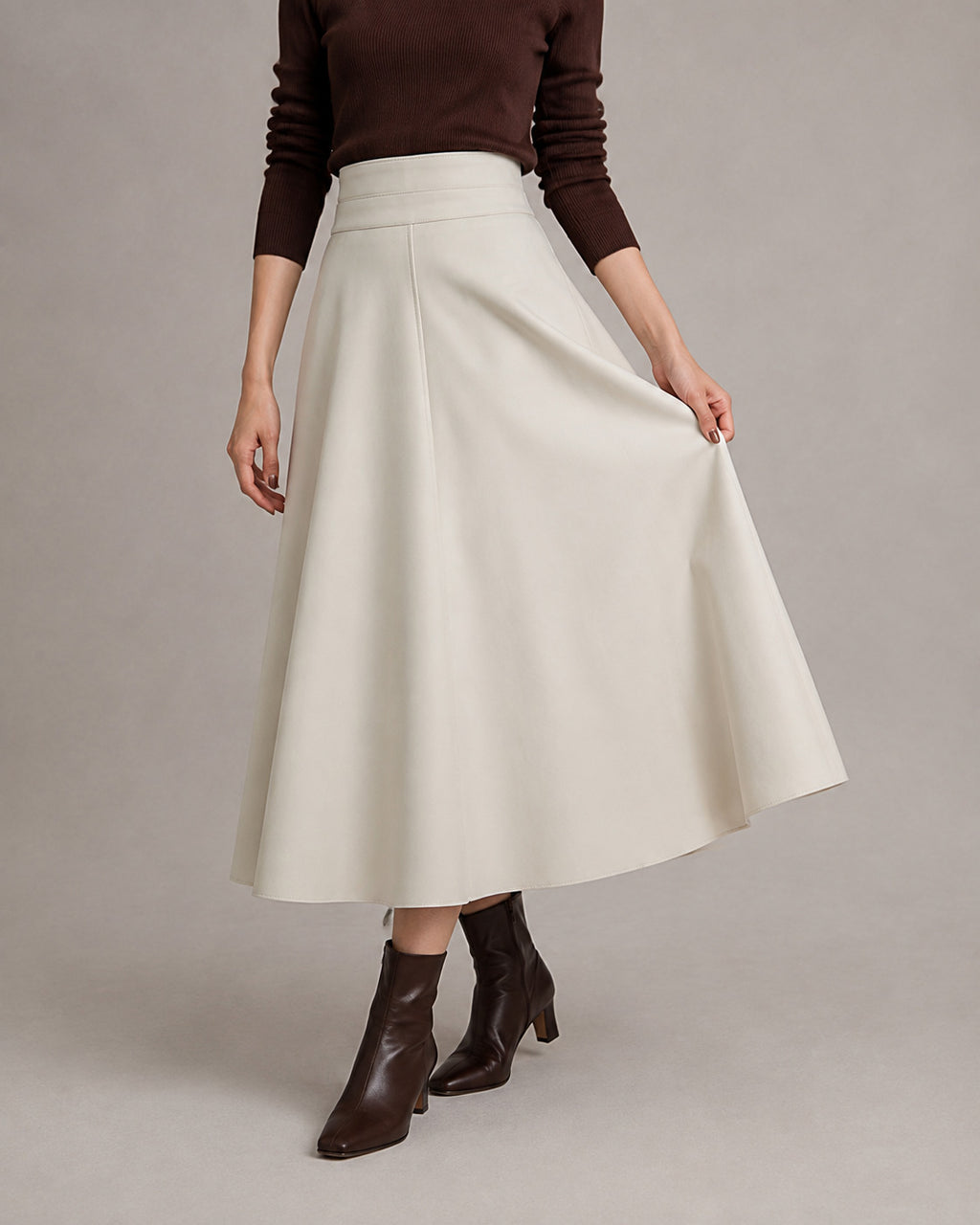 PU A-Line Midi Skirt — Ivory, model close view