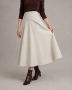 PU A-Line Midi Skirt — Ivory, model close view