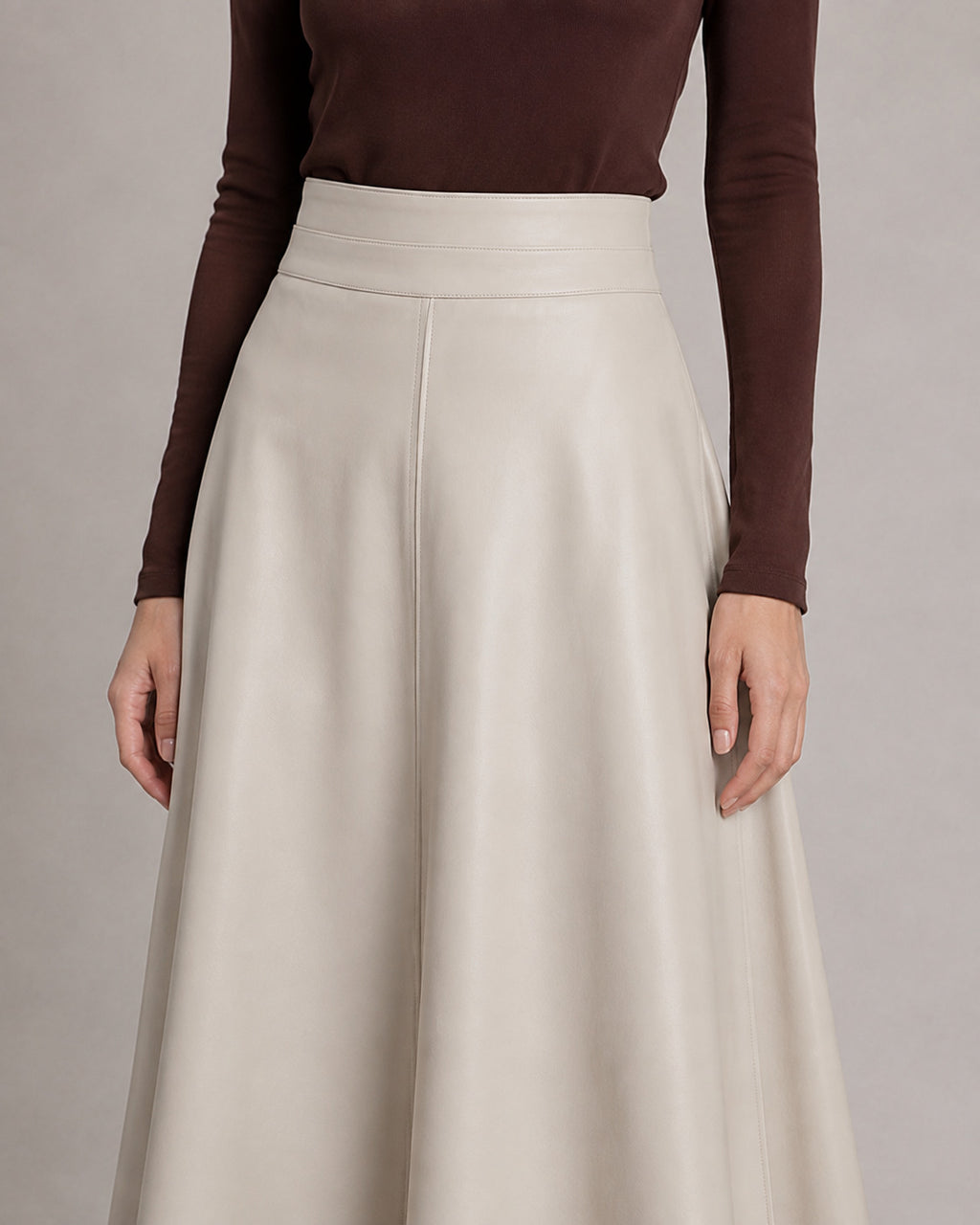 PU A-Line Midi Skirt — Ivory, model detail