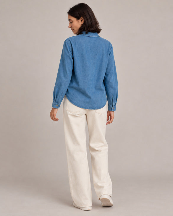 Relaxed Denim Button-Up Shirt — Blue, model back view