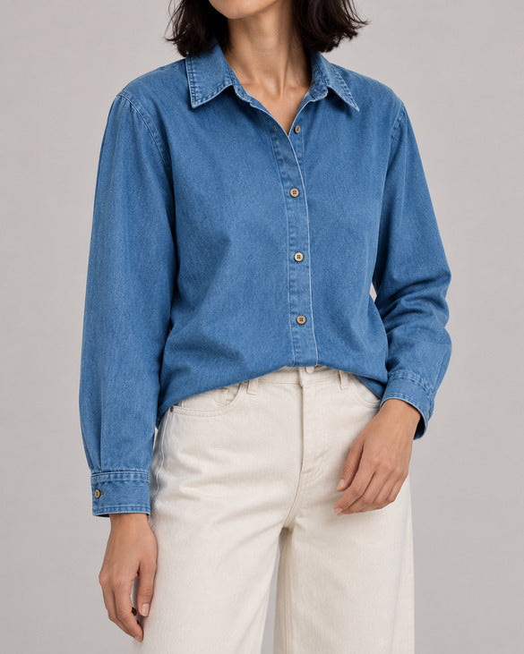 Relaxed Denim Button-Up Shirt — Blue, model detail
