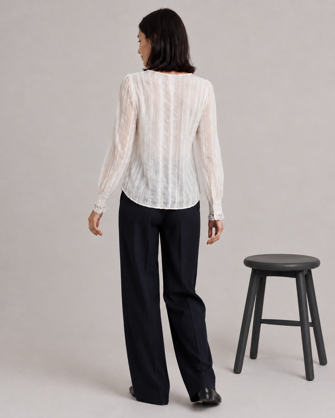 Lace-Trim V-Neck Blouse — White, model back view