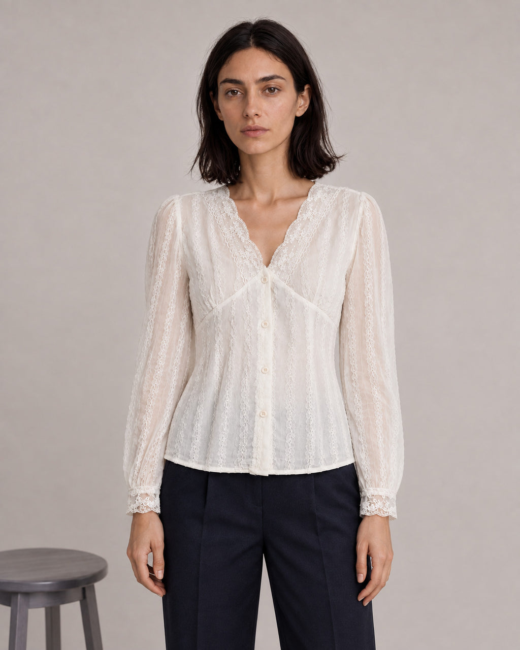 Lace-Trim V-Neck Blouse — White, model close view