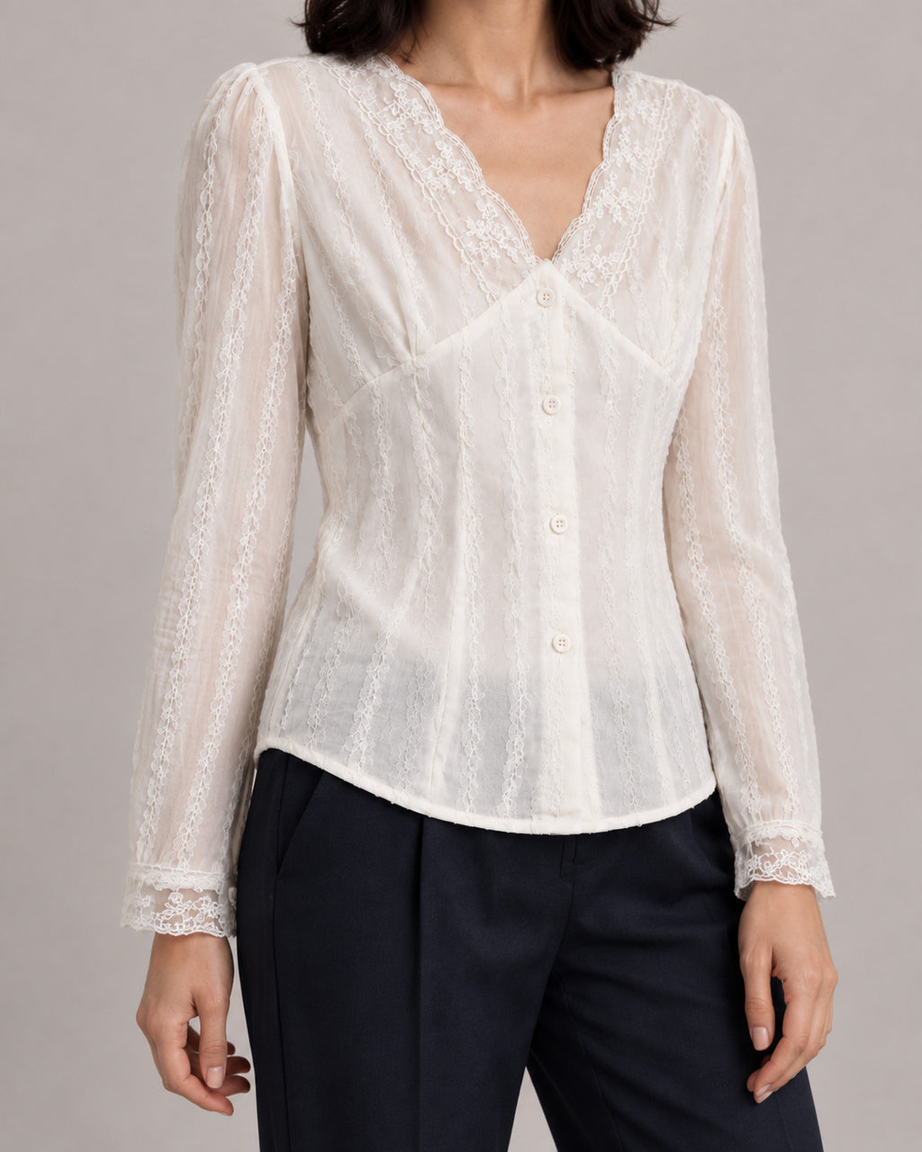 Lace-Trim V-Neck Blouse — White, model detail