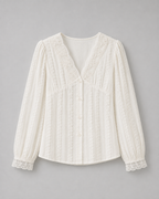 Lace-Trim V-Neck Blouse — White, product front