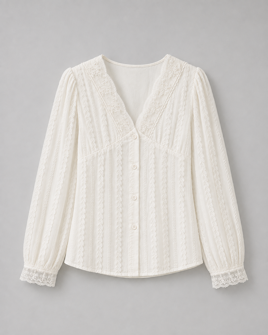 Lace-Trim V-Neck Blouse — White, product front