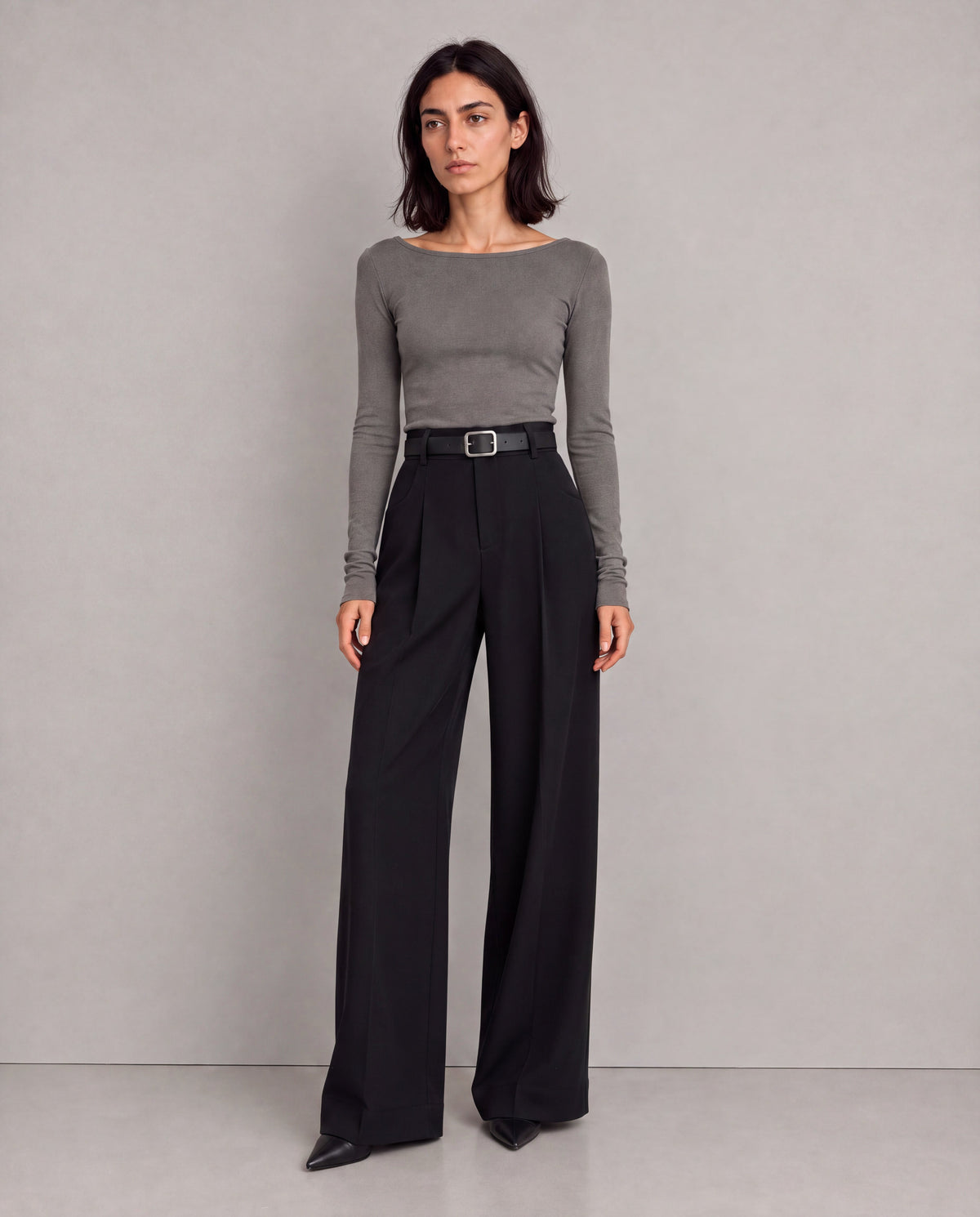 High-Rise Pleated Wide-Leg Trousers — Black, model main view