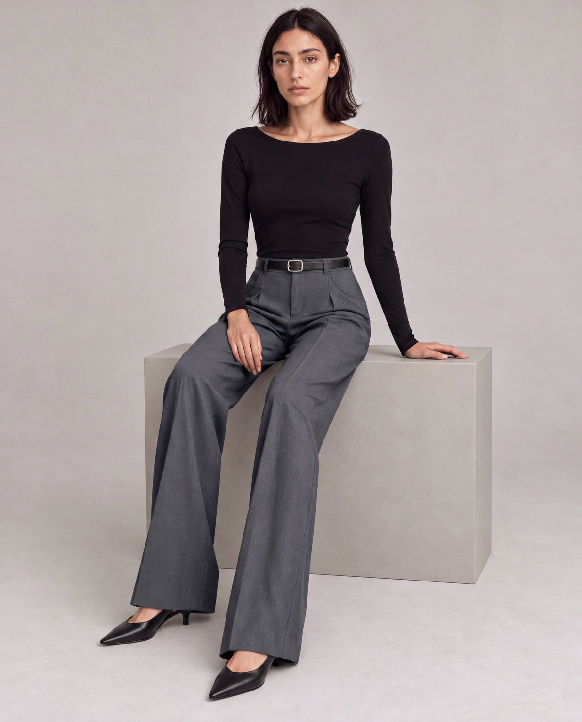 High-Rise Pleated Wide-Leg Trousers — Gray, model main view
