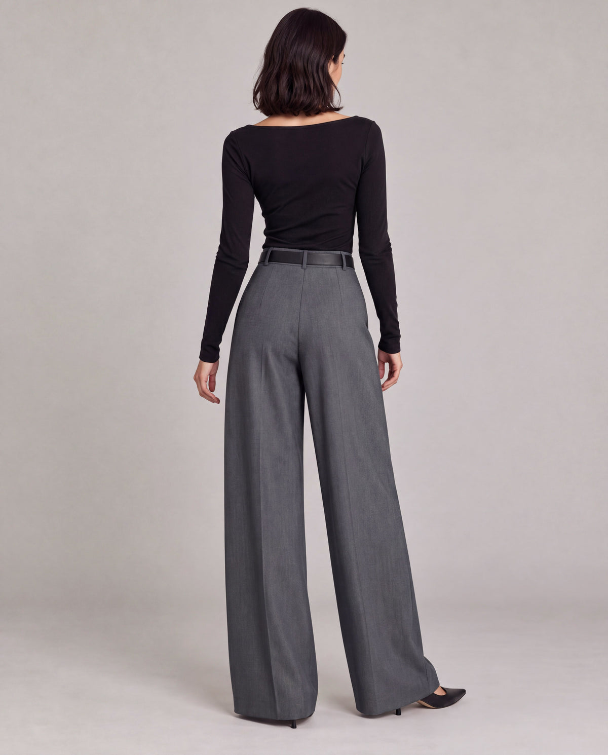 High-Rise Pleated Wide-Leg Trousers — Gray, model back view