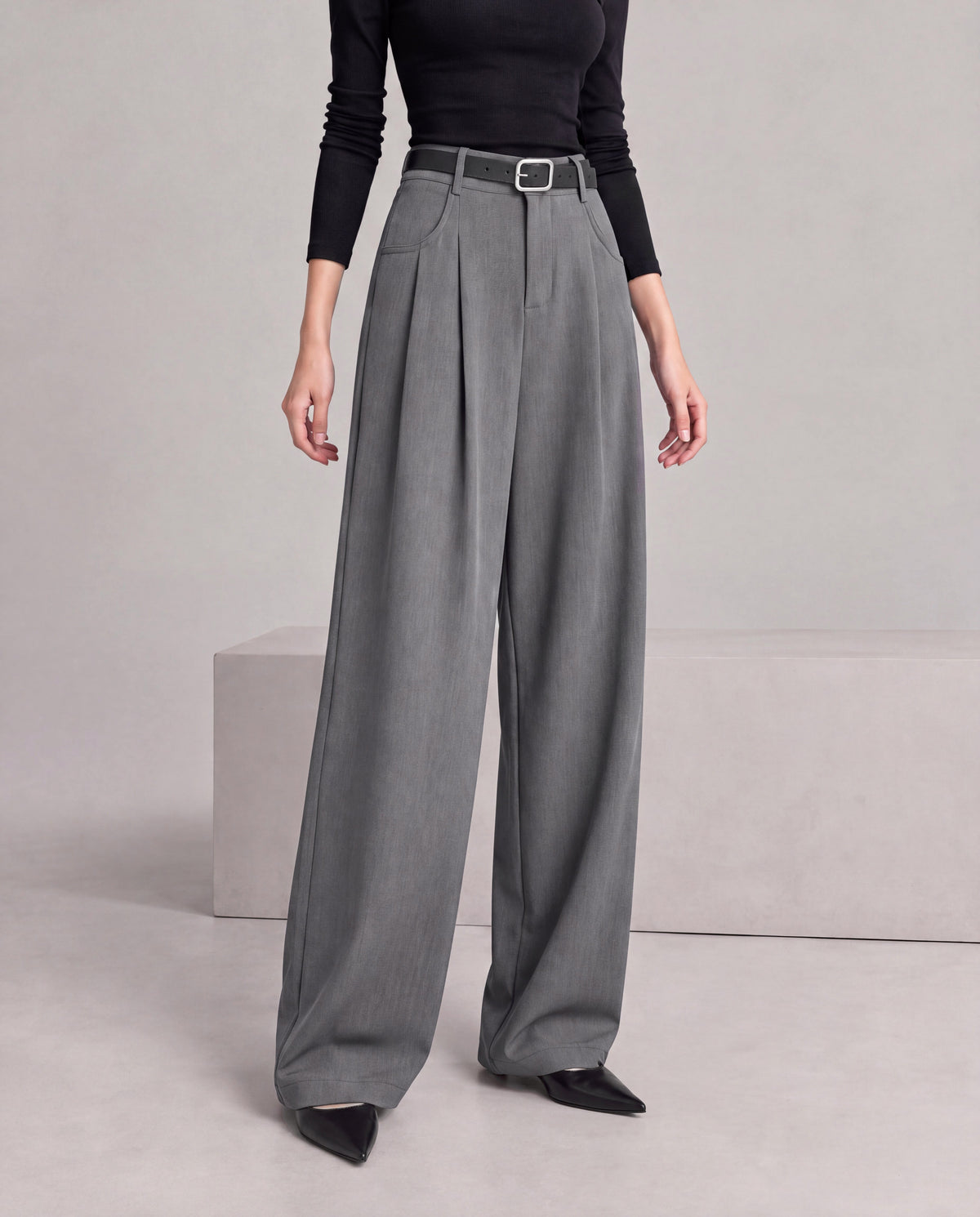 High-Rise Pleated Wide-Leg Trousers — Gray, model close view