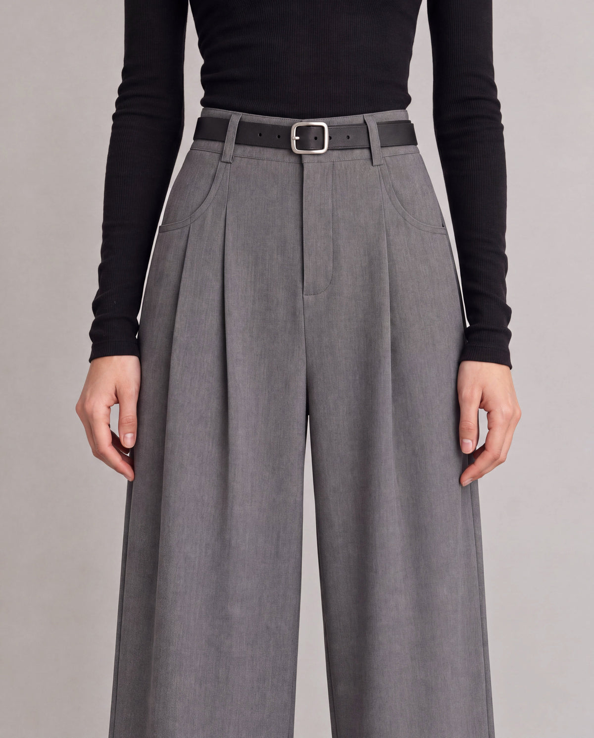 High-Rise Pleated Wide-Leg Trousers — Gray, model detail
