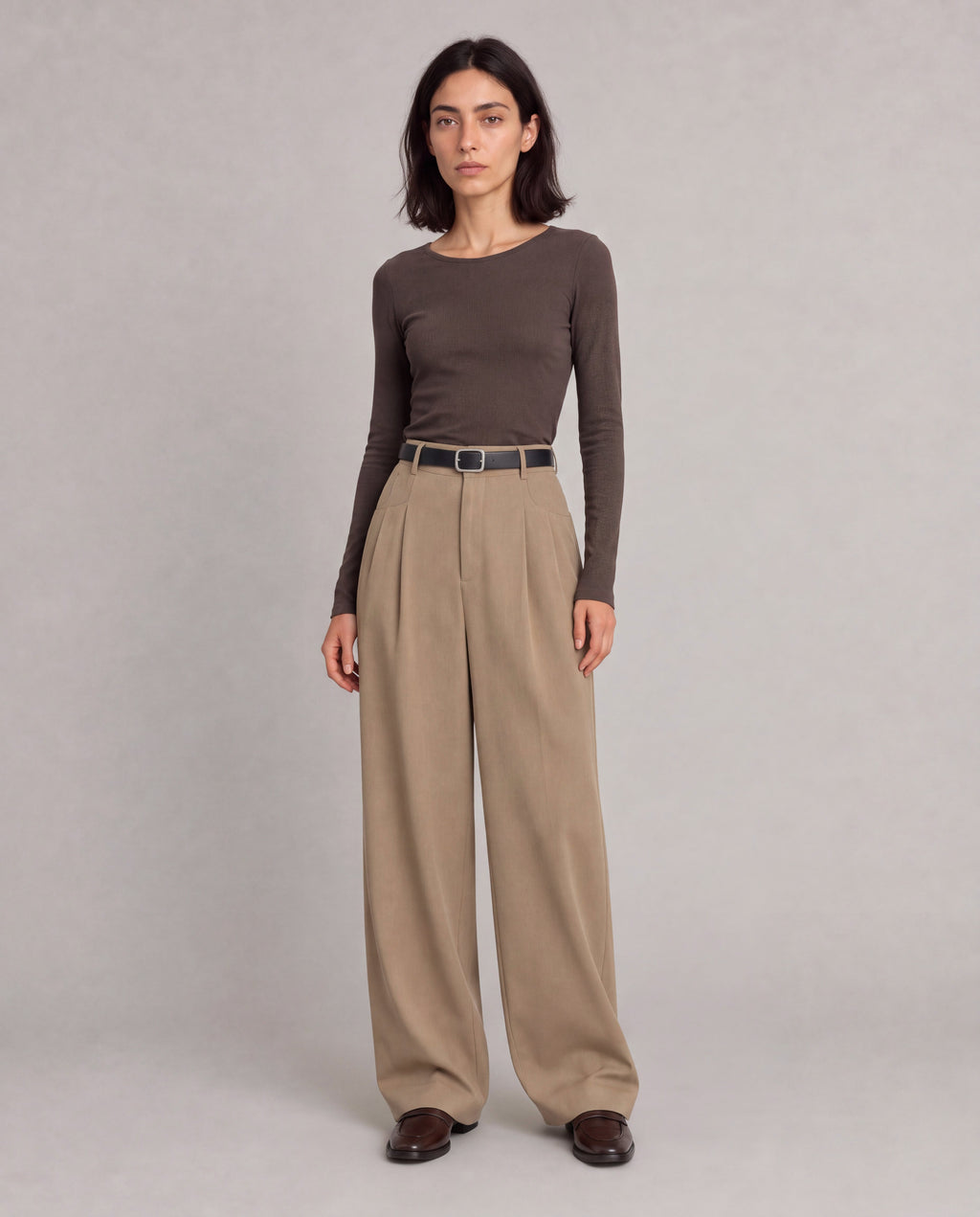 High-Rise Pleated Wide-Leg Trousers — Khaki, model main view