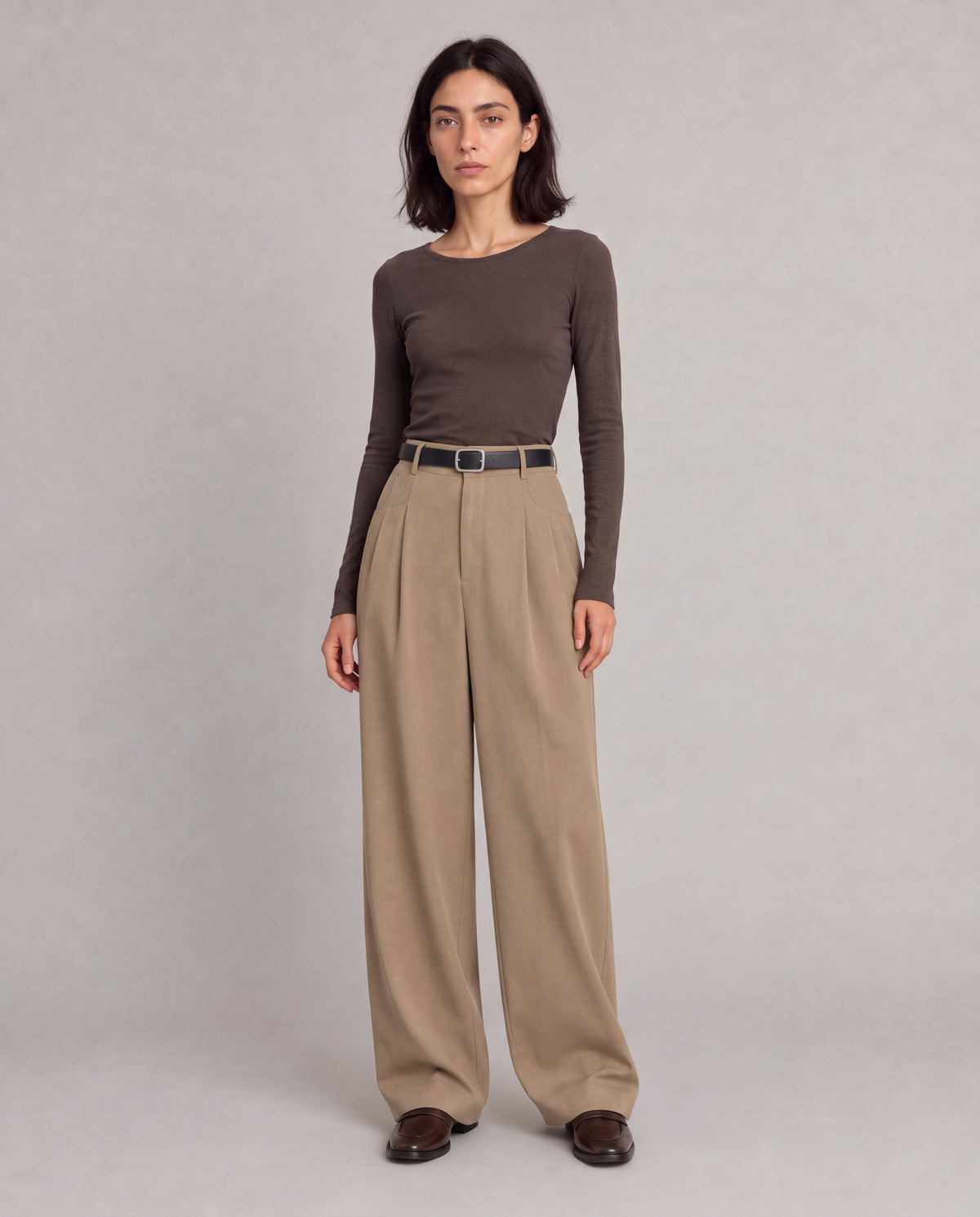 High-Rise Pleated Wide-Leg Trousers — Khaki, model main view