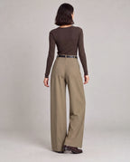High-Rise Pleated Wide-Leg Trousers — Khaki, model back view