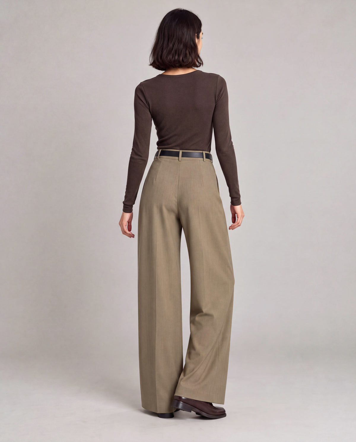 High-Rise Pleated Wide-Leg Trousers — Khaki, model back view