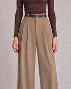High-Rise Pleated Wide-Leg Trousers — Khaki, model detail