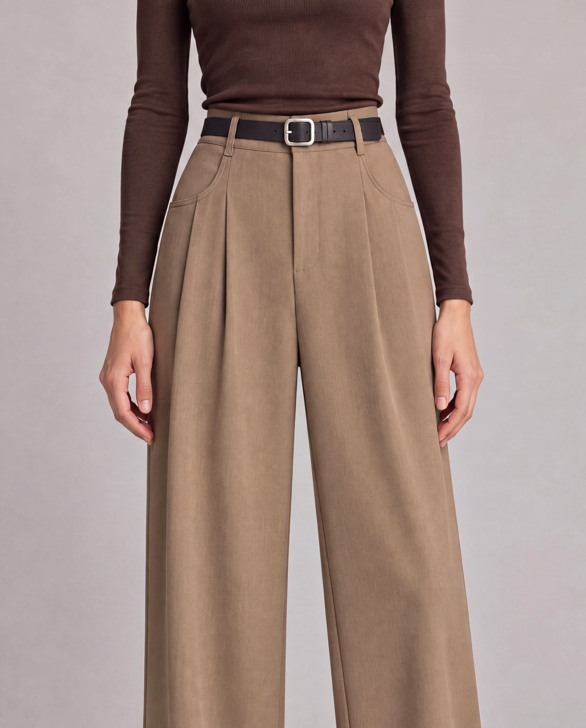 High-Rise Pleated Wide-Leg Trousers — Khaki, model detail