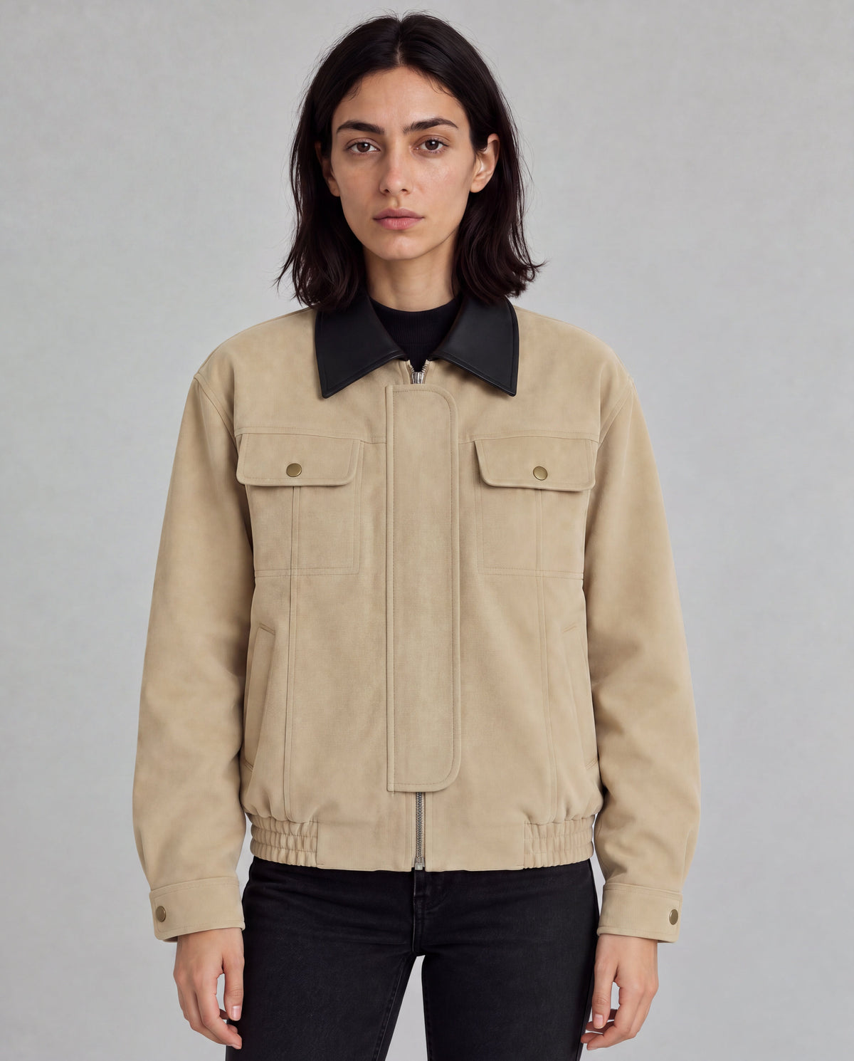 Contrast-Collar Suede Jacket — Beige, model main view