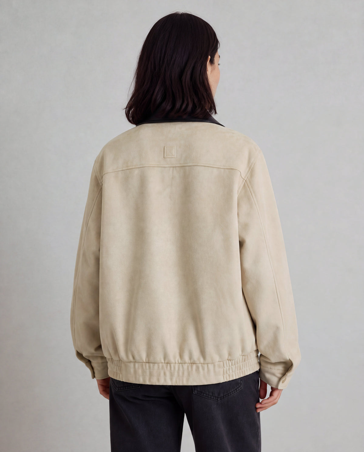 Contrast-Collar Suede Jacket — Beige, model back view