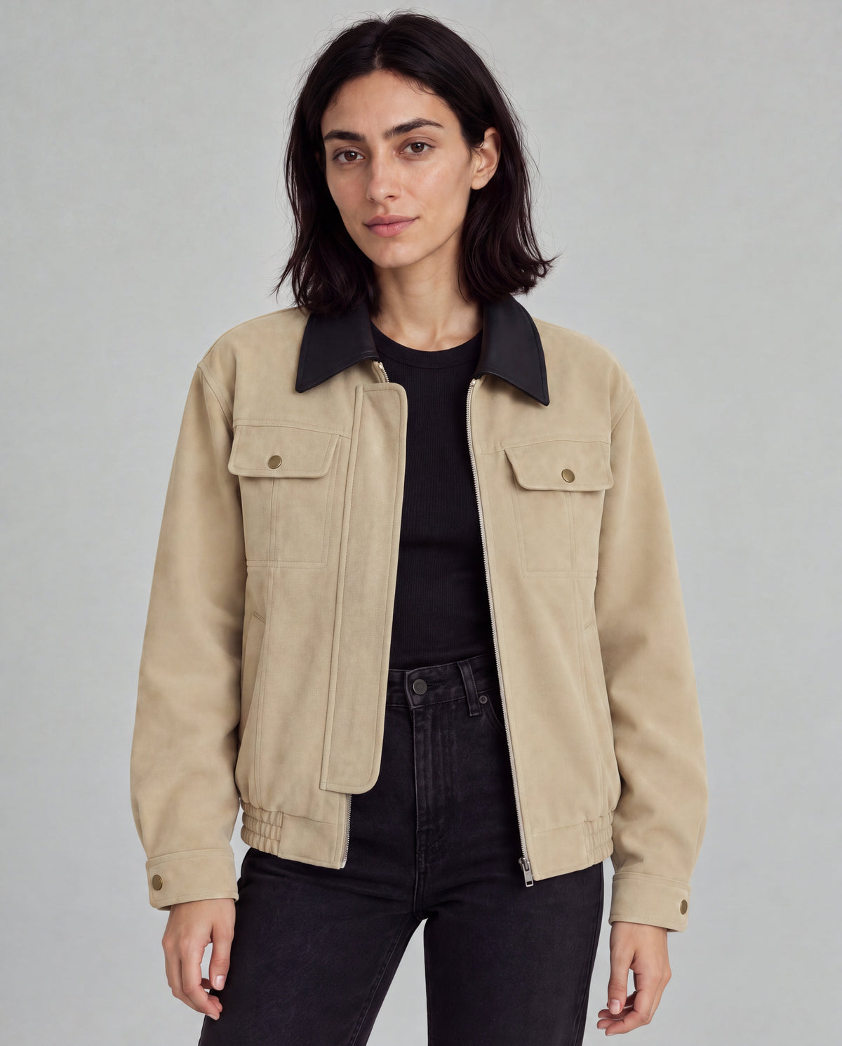 Contrast-Collar Suede Jacket — Beige, model close view
