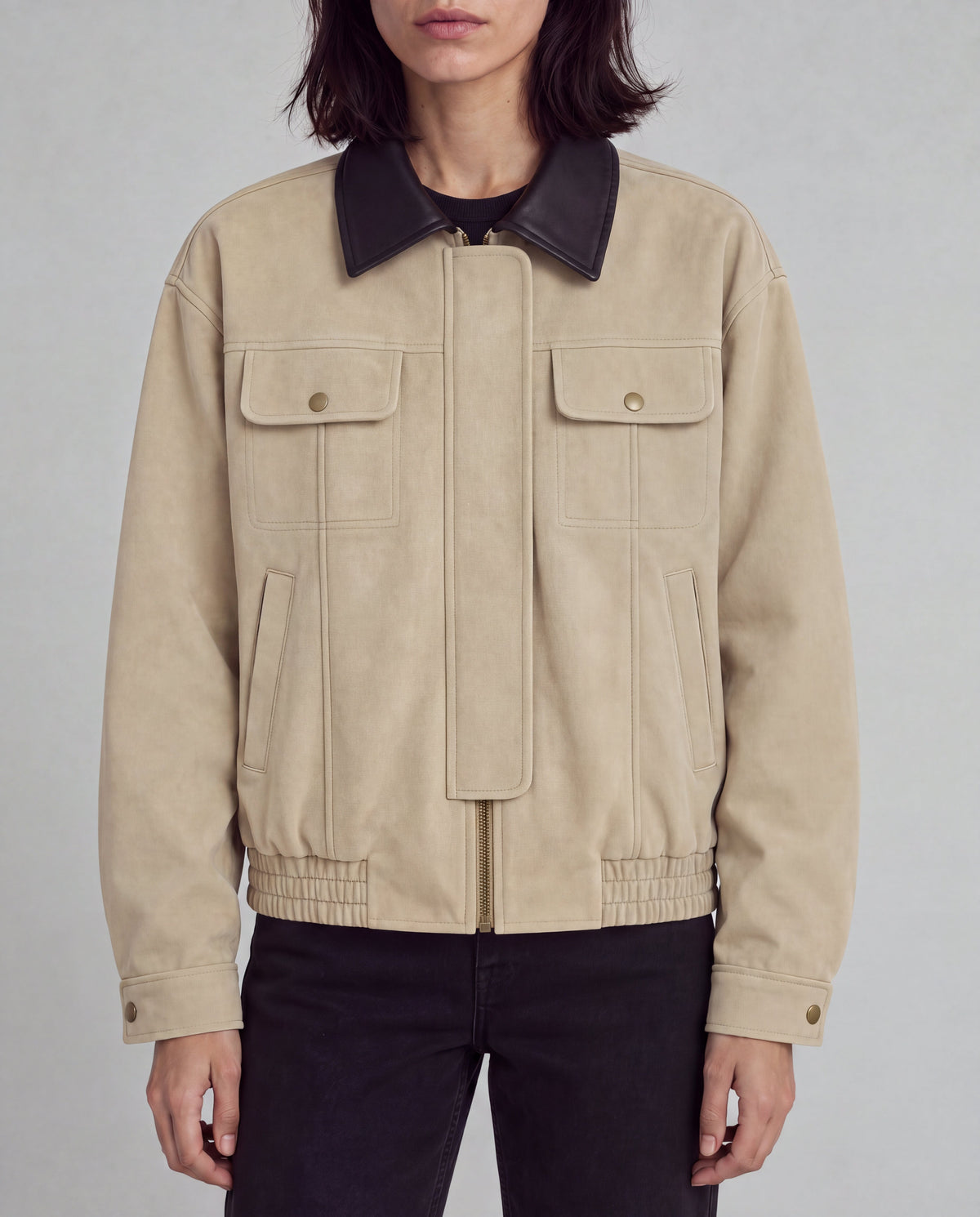 Contrast-Collar Suede Jacket — Beige, model detail