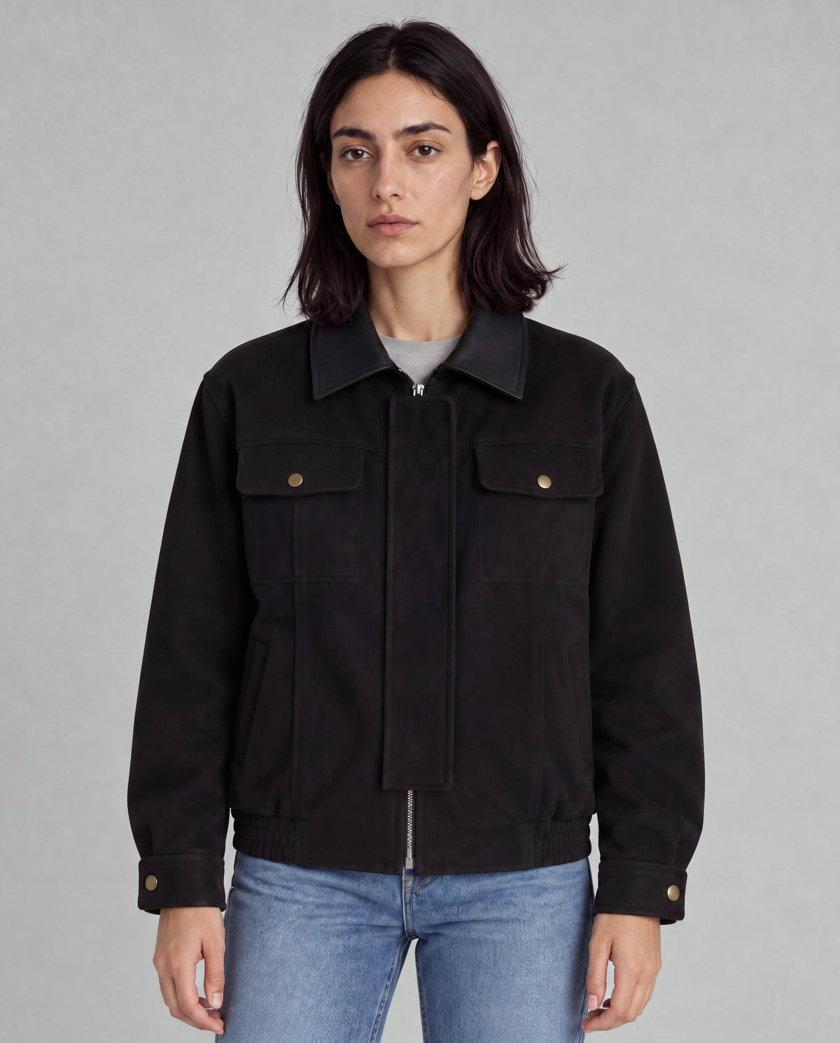 Contrast-Collar Suede Jacket — Black, model main view