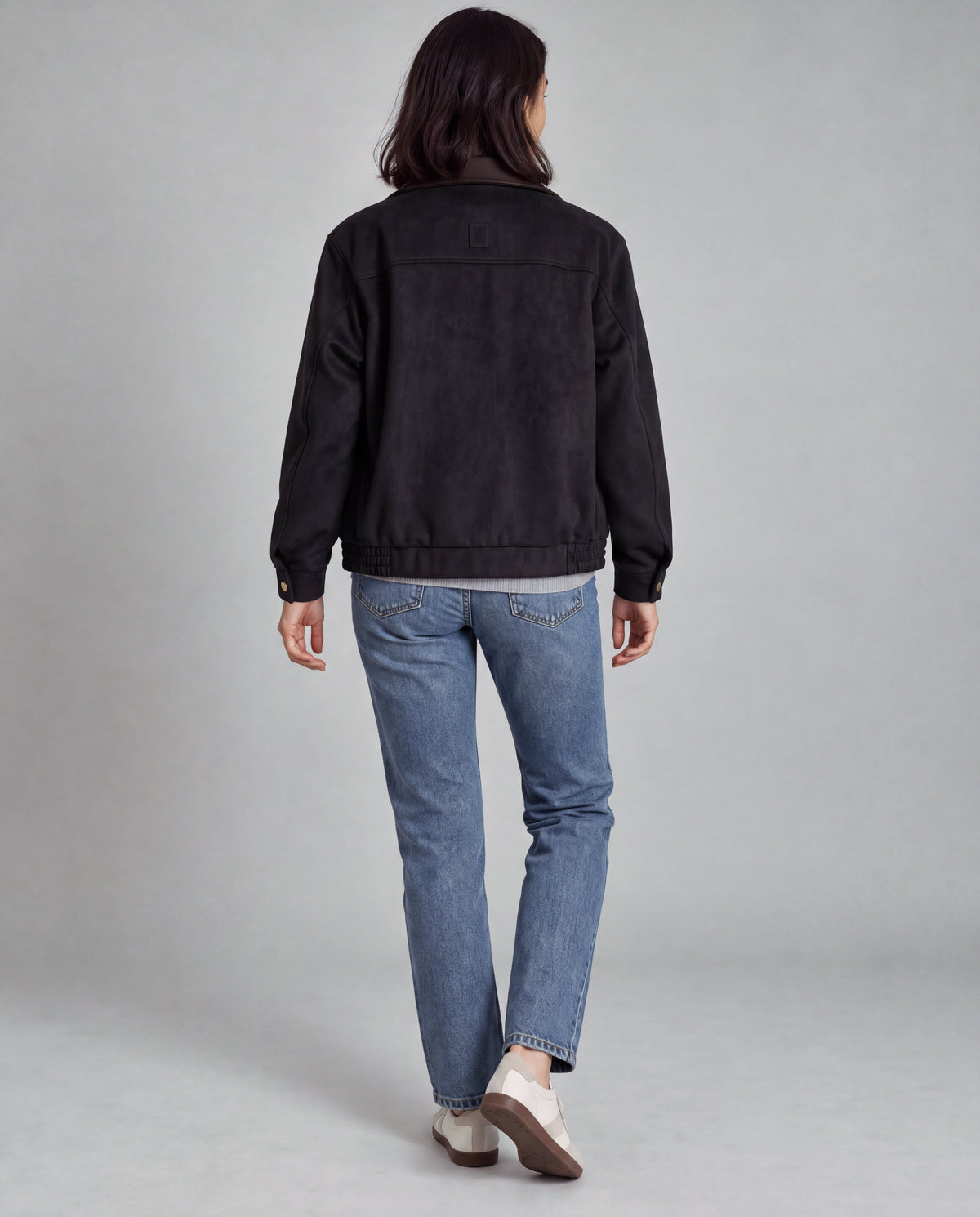 Contrast-Collar Suede Jacket — Black, model back view