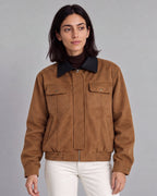Contrast-Collar Suede Jacket — Brown, model main view