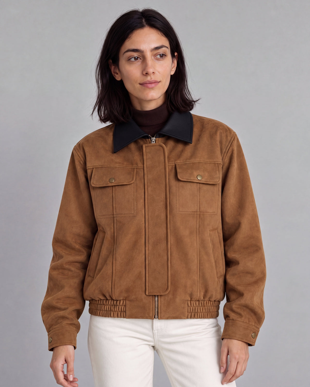 Contrast-Collar Suede Jacket — Brown, model main view