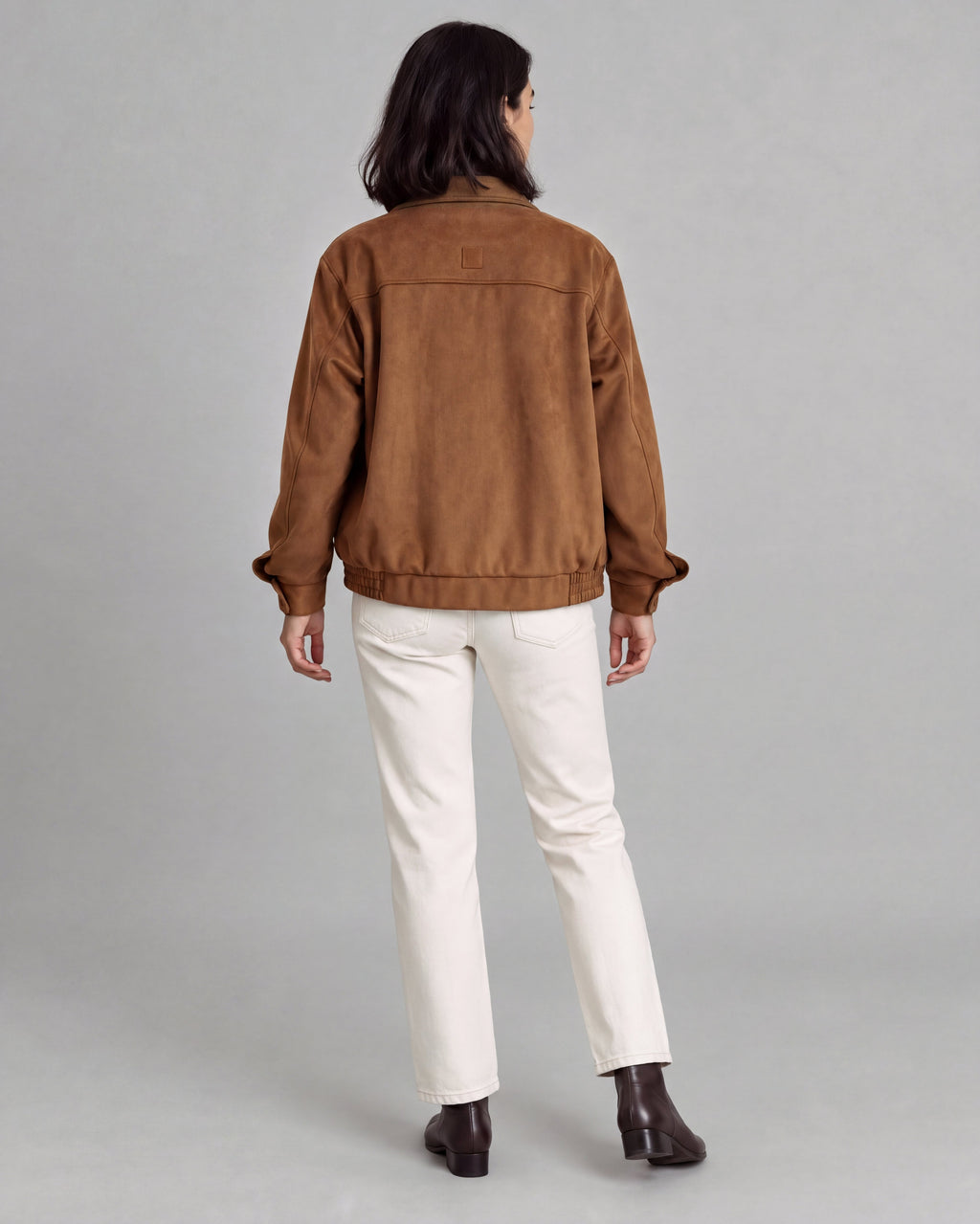 Contrast-Collar Suede Jacket — Brown, model back view