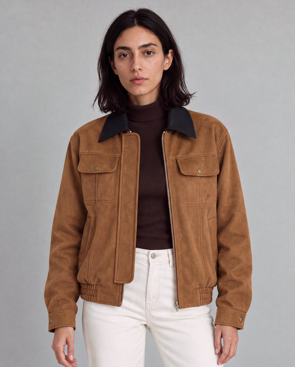 Contrast-Collar Suede Jacket — Brown, model close view