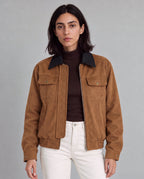 Contrast-Collar Suede Jacket — Brown, model close view