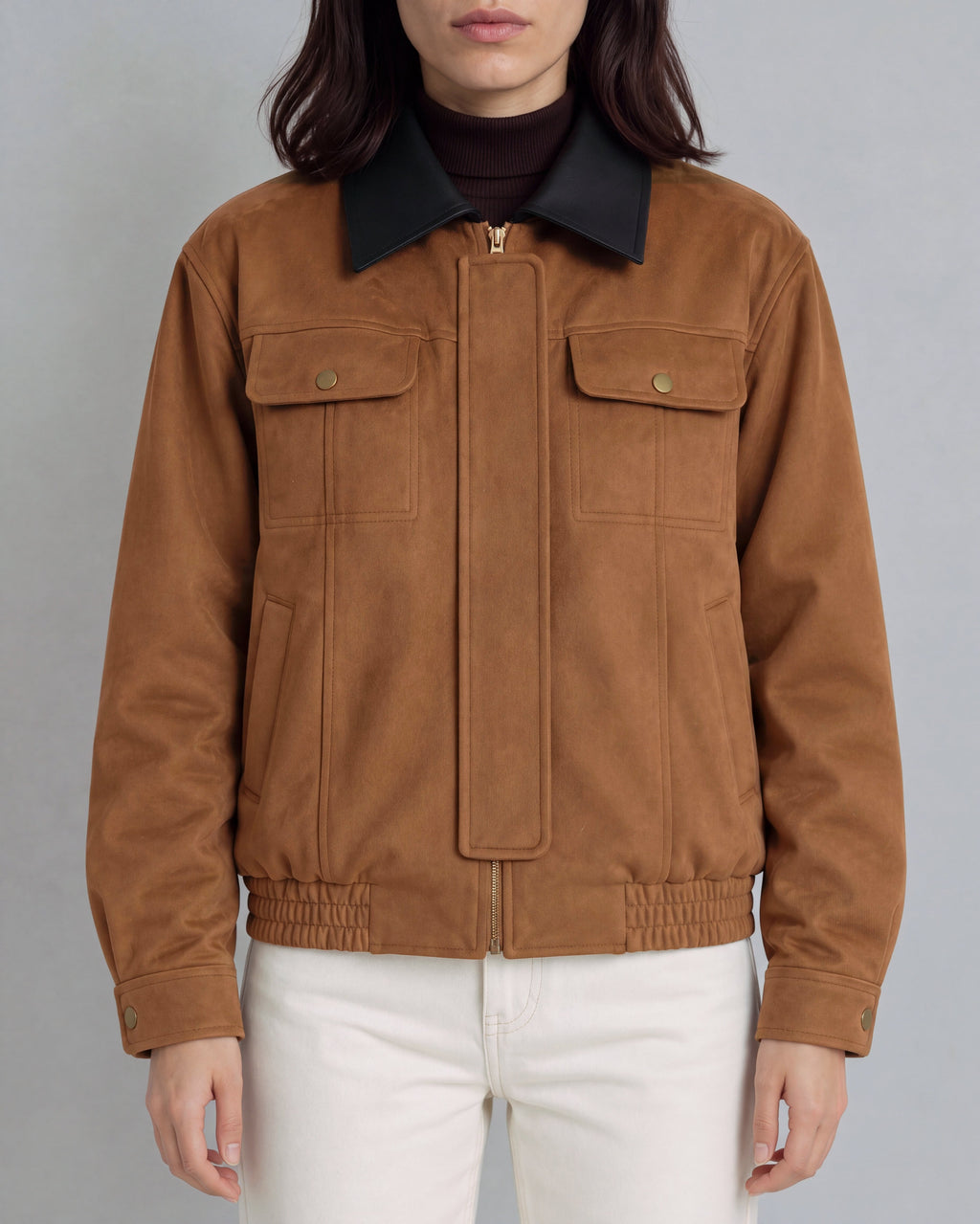 Contrast-Collar Suede Jacket — Brown, model detail