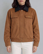 Contrast-Collar Suede Jacket — Brown, model detail
